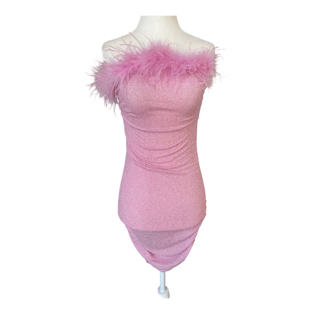 Windsor Pink Glitter Feather Trim Mini Dress XS Off Shoulder Barbie Costume Hall
